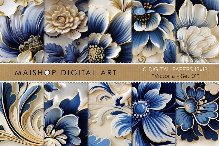 Elegant Embossed Floral Digital Papers with Gold Accents