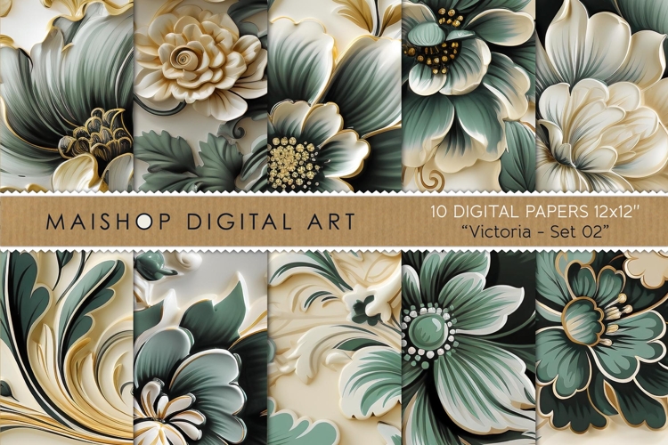 Elegant Embossed Floral Digital Papers in Green Tones