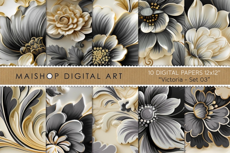 Elegant Embossed Floral Digital Papers in Gray Tones