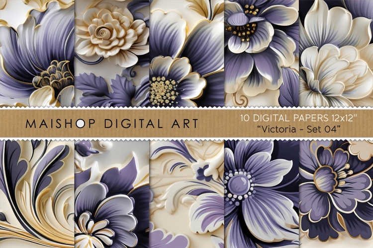 Embossed Floral Digital Papers in Violet and Gold