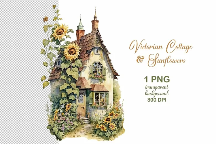 Victorian House png, Vintage country House and Sunflowers
