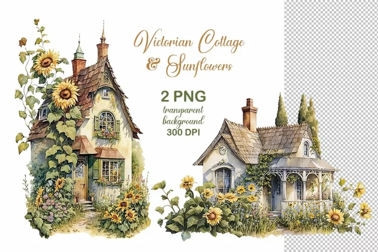 Victorian House png, Vintage country House and Sunflowers