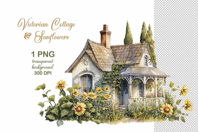 Victorian House png, Vintage country House and Sunflowers