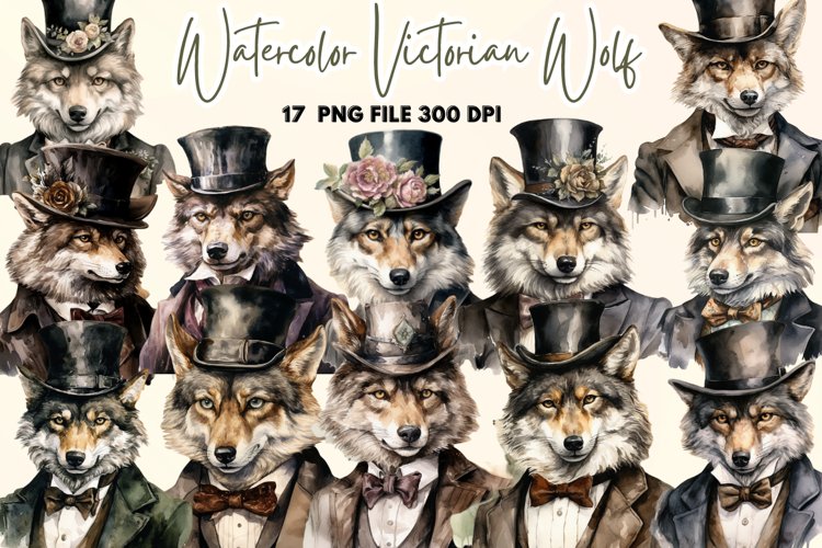 Victorian Wolf Watercolor Sublimation clipart example image 1