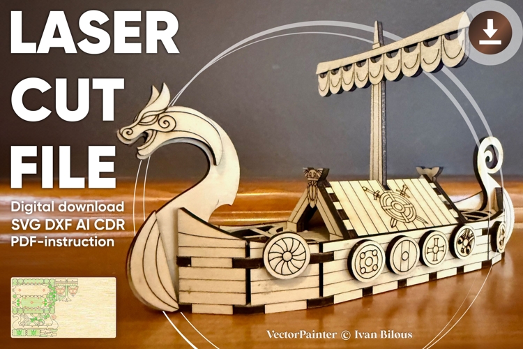 Viking Ship Laser Cut File, 3D SVG Model Plan for DIY