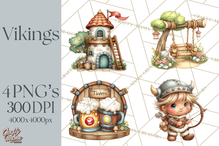 Whimsical Viking Village Clipart PNG, Nordic People Clip Art
