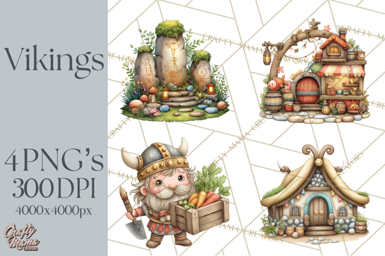 Whimsical Viking Village Clipart PNG, Nordic People Clip Art