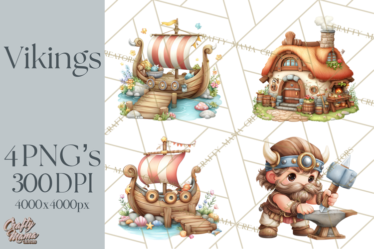 Whimsical Viking Village Clipart PNG, Nordic People Clip Art