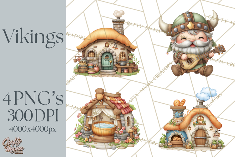 Whimsical Viking Village Clipart PNG, Nordic People Clip Art