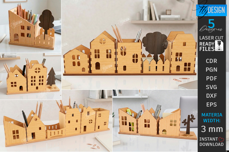 Village Desk Organizers Laser Cut Bundle | Office Decor SVG