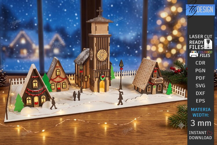 3D Christmas Village Night Light Laser Cut | Winter Town SVG example image 1