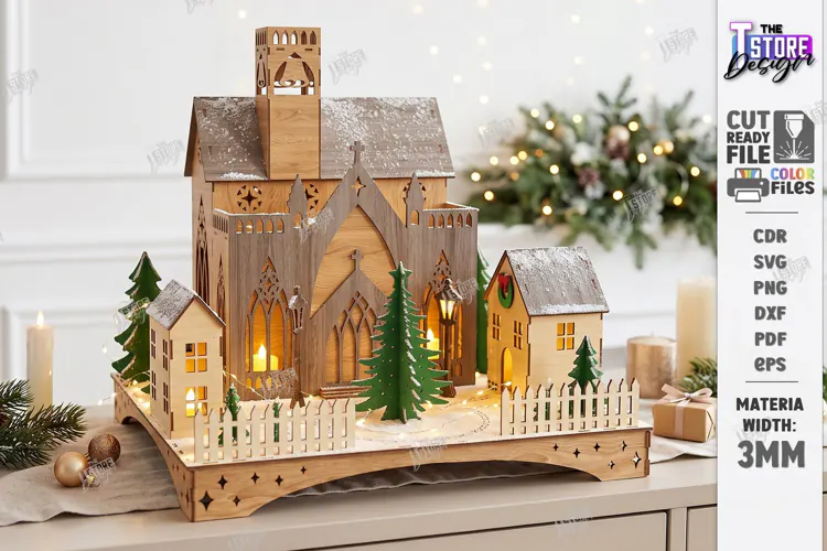 3D Christmas Village Night Light Laser Cut | Winter Town SVG