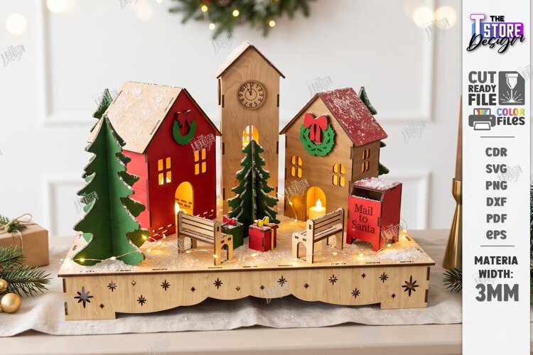 3D Christmas Village Night Light Laser Cut | Winter Town SVG example image 1