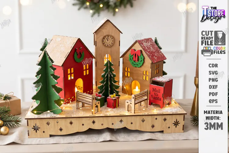 3D Christmas Village Night Light Laser Cut | Winter Town SVG