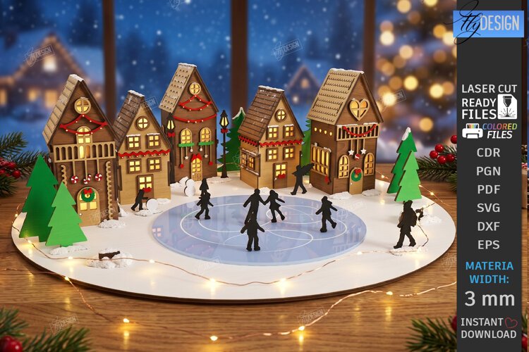 3D Christmas Village Night Light Laser Cut | Winter Town SVG example image 1