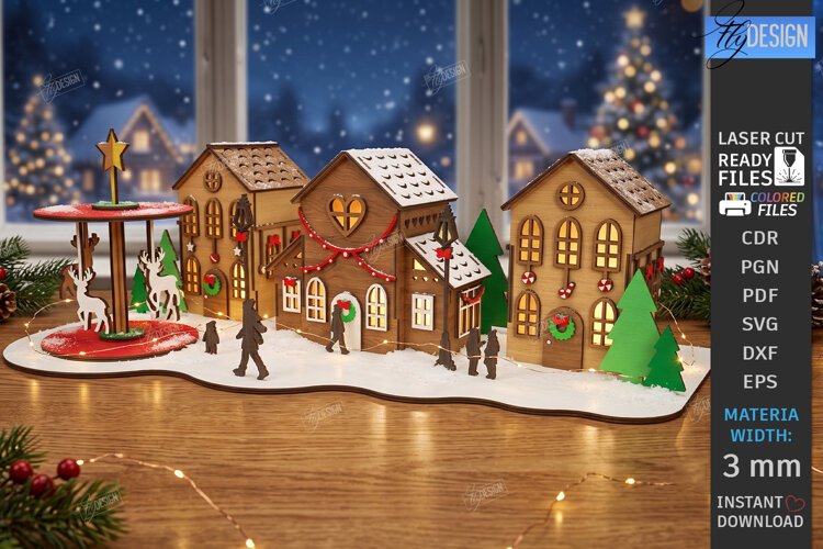 3D Christmas Village Night Light Laser Cut | Winter Town SVG example image 1