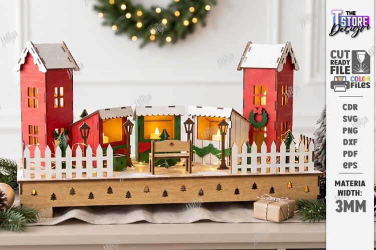 3D Christmas Village Night Light Laser Cut | Winter Town SVG example image 1