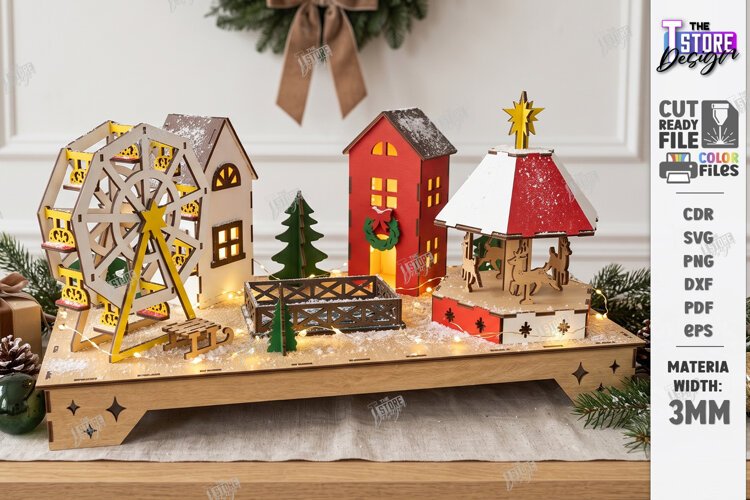 3D Christmas Village Night Light Laser Cut | Winter Town SVG example image 1