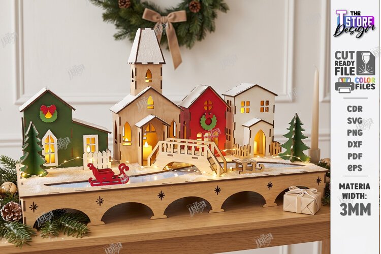 3D Christmas Village Night Light Laser Cut | Winter Town SVG example image 1