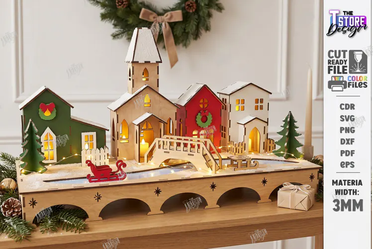 3D Christmas Village Night Light Laser Cut | Winter Town SVG