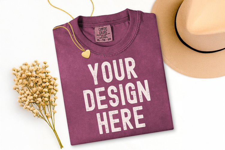 Comfort Colors C1717 Vineyard Shirt Mockup, Flat Lay Mockup