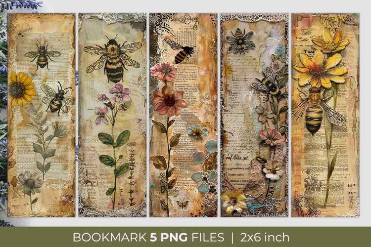 Vintage Bee Bookmarks 5 Printable PNG Designs