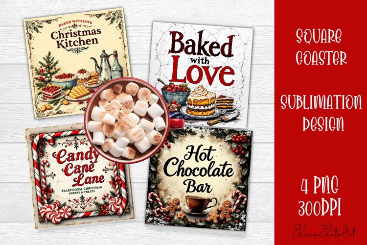 Vintage Christmas Sublimation, retro square Coaster Design