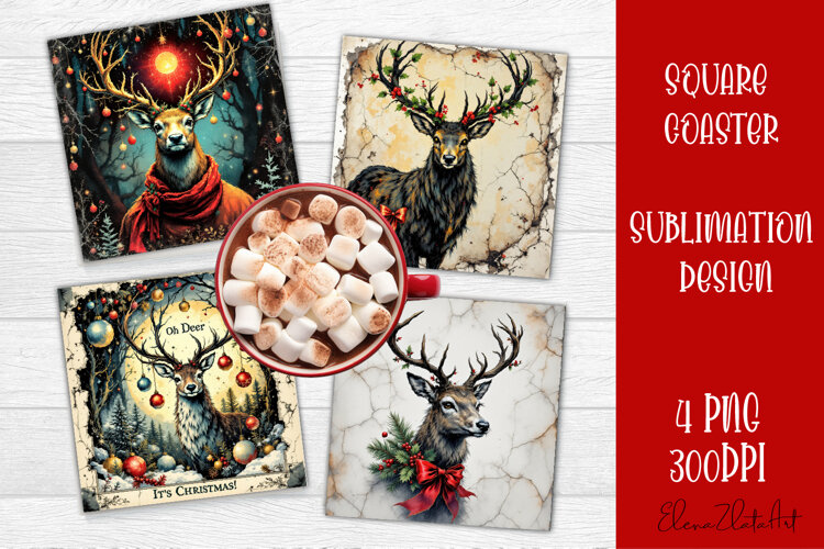 Vintage christmas deer square coasters, Animals sublimation example image 1