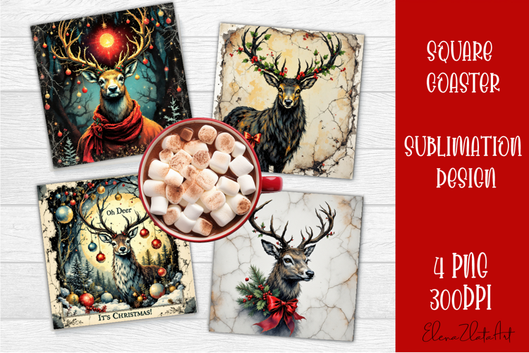 Vintage christmas deer square coasters, Animals sublimation