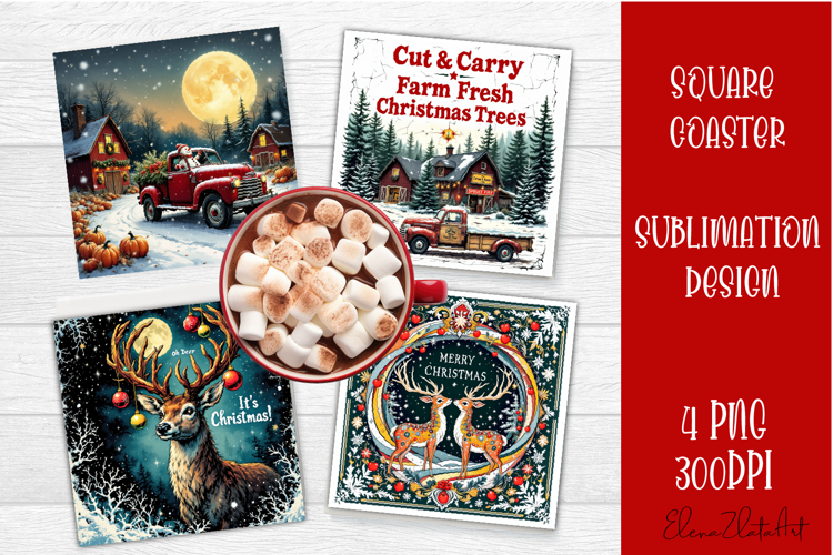 Vintage christmas deer square coasters, Animals sublimation