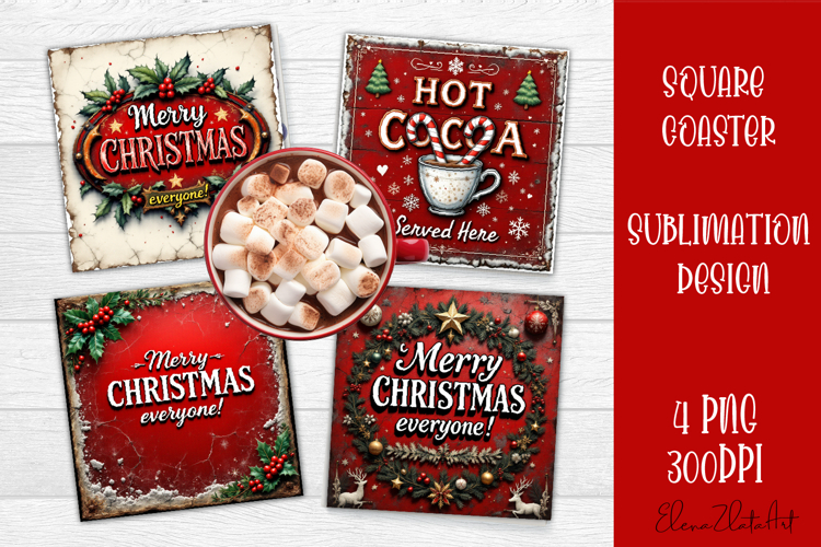 Vintage Christmas Sublimation, retro square Coaster Design