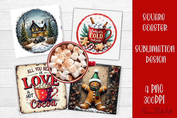 Vintage Christmas Sublimation, retro square Coaster Design