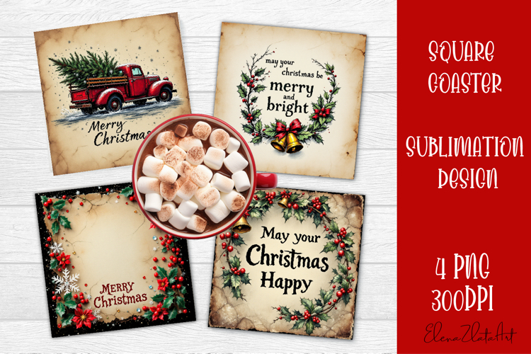 Vintage Christmas Sublimation, retro square Coaster Design