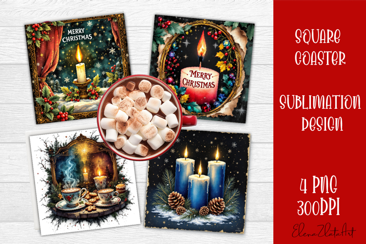 Vintage Christmas Sublimation, retro square Coaster Design