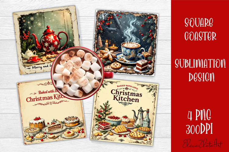 Vintage Christmas Sublimation, retro square Coaster Design