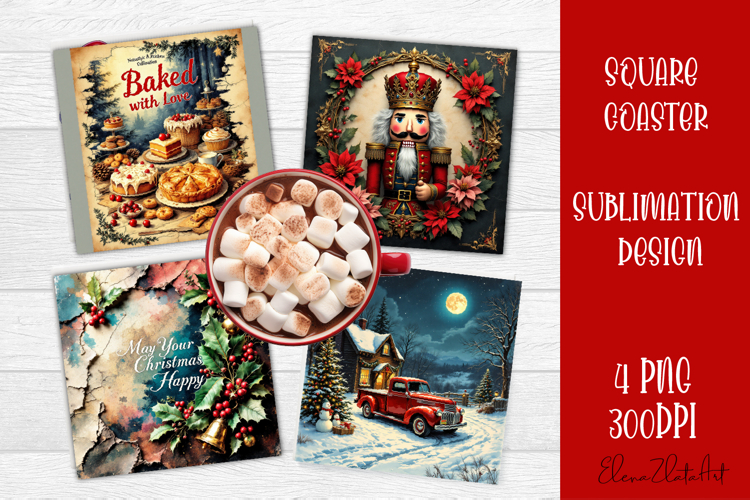 Vintage Christmas Sublimation, retro square Coaster Design