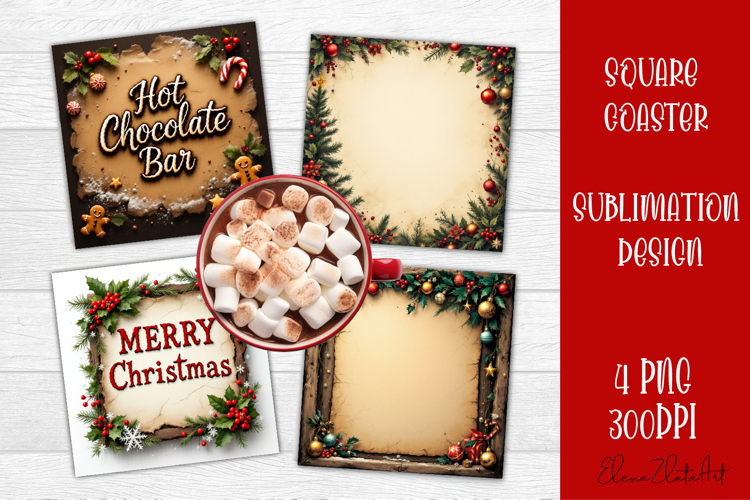 Vintage Christmas Sublimation, retro square Coaster Design