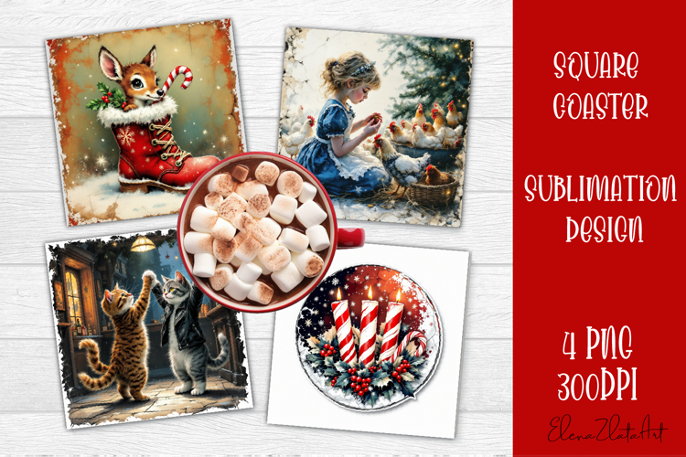 Vintage Christmas Sublimation, retro square Coaster Design