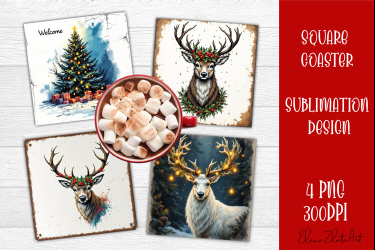 Vintage christmas deer square coasters, Animals sublimation example image 1