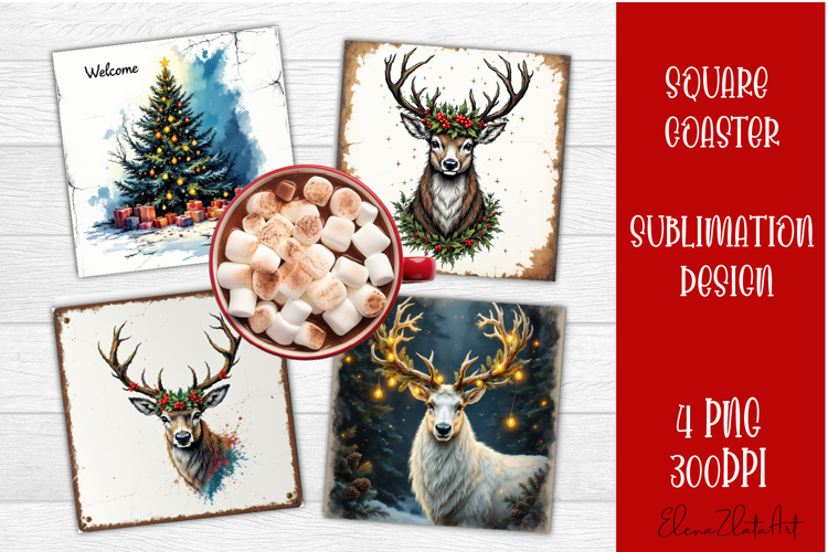 Vintage christmas deer square coasters, Animals sublimation