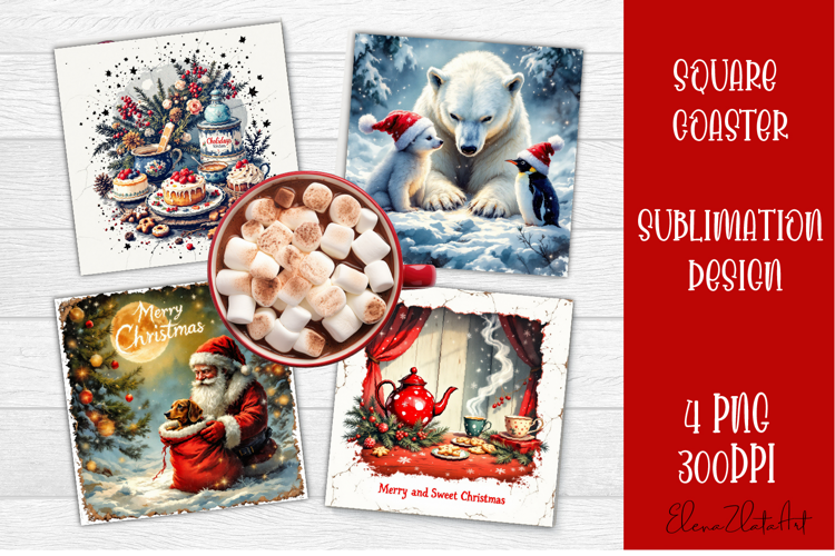 Vintage Christmas Sublimation, retro square Coaster Design