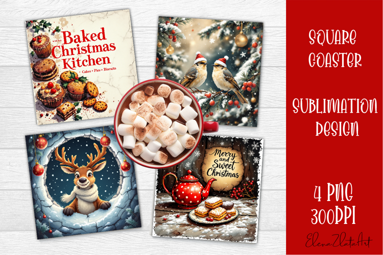 Vintage Christmas Sublimation, retro square Coaster Design