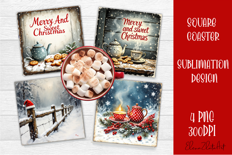 Vintage Christmas Sublimation, retro square Coaster Design
