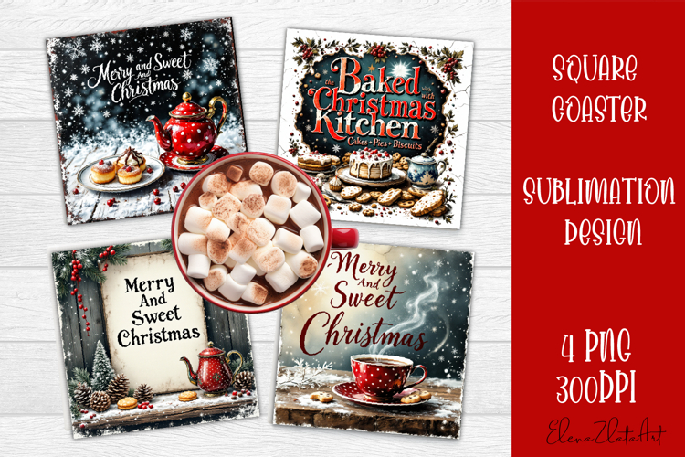 Vintage Christmas Sublimation, retro square Coaster Design