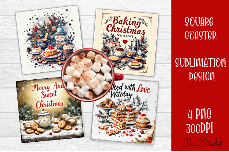 Vintage Christmas Sublimation, retro square Coaster Design