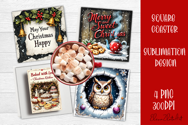 Vintage Christmas Sublimation, retro square Coaster Design