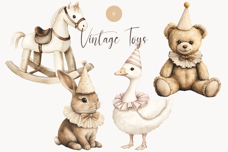 Vintage Toys Watercolor Clipart Bear, Bunny, Goose & Horse