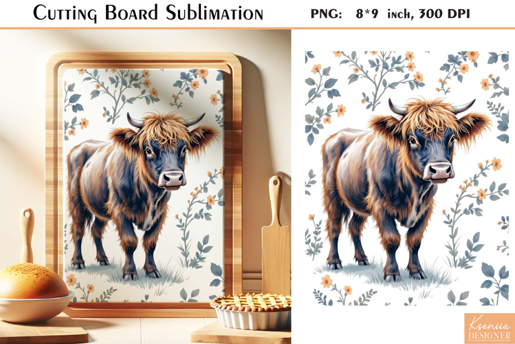 Floral Highland Cow| Vintage Cutting Board