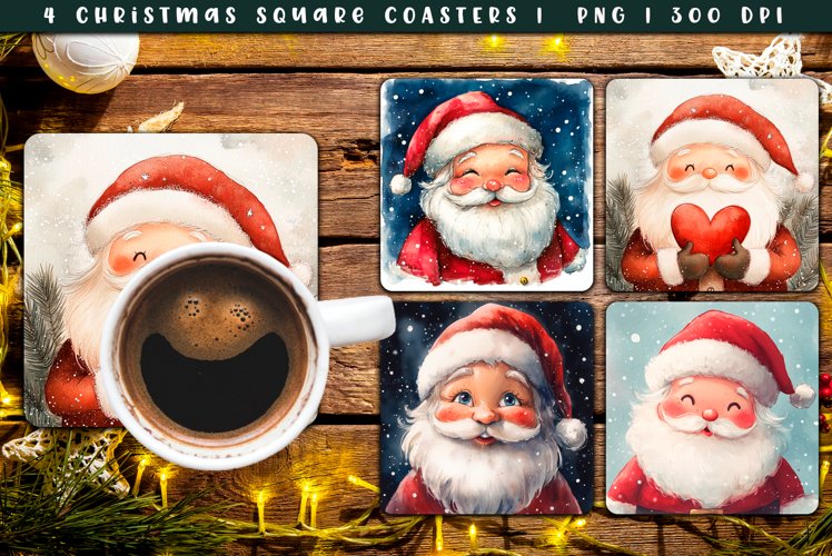 4 Cute Santa Square Coasters Sublimation example image 1