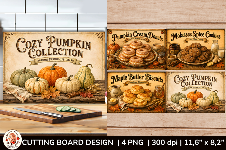 Vintage autumn cutting board design with pumpkins